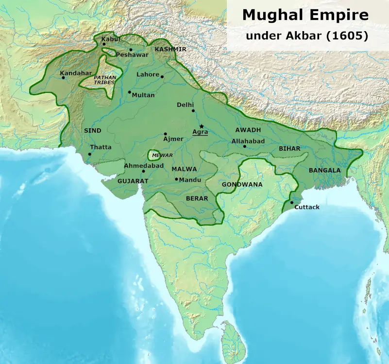 Mughal Empire Map Under Akbar (1556-1605)